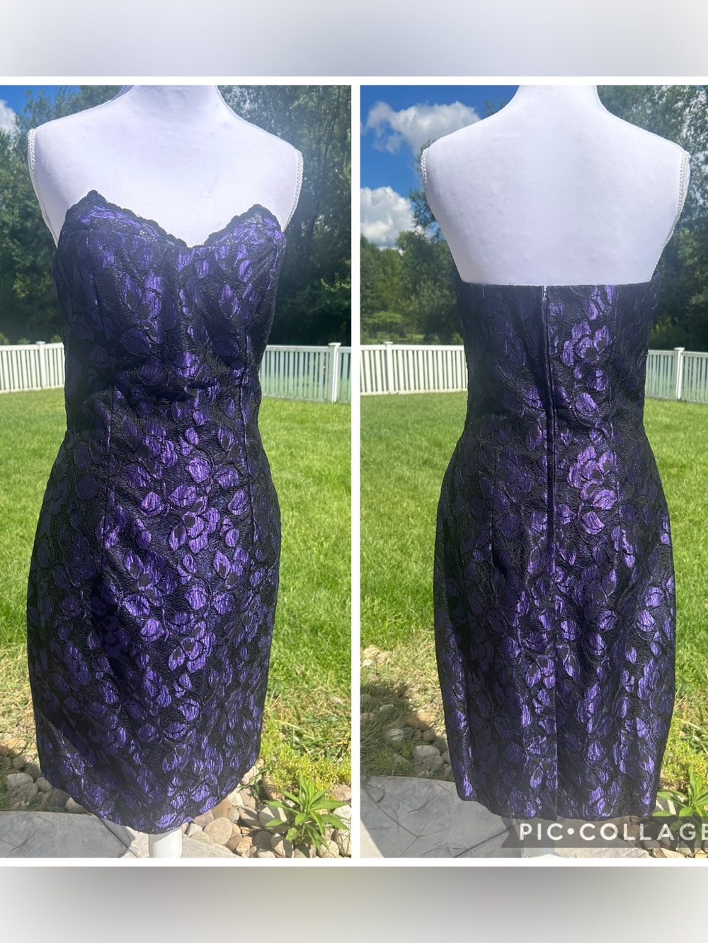 Vintage 80s Purple Black Lace Strapless Petal Bust Boned Cocktail Dress USA S